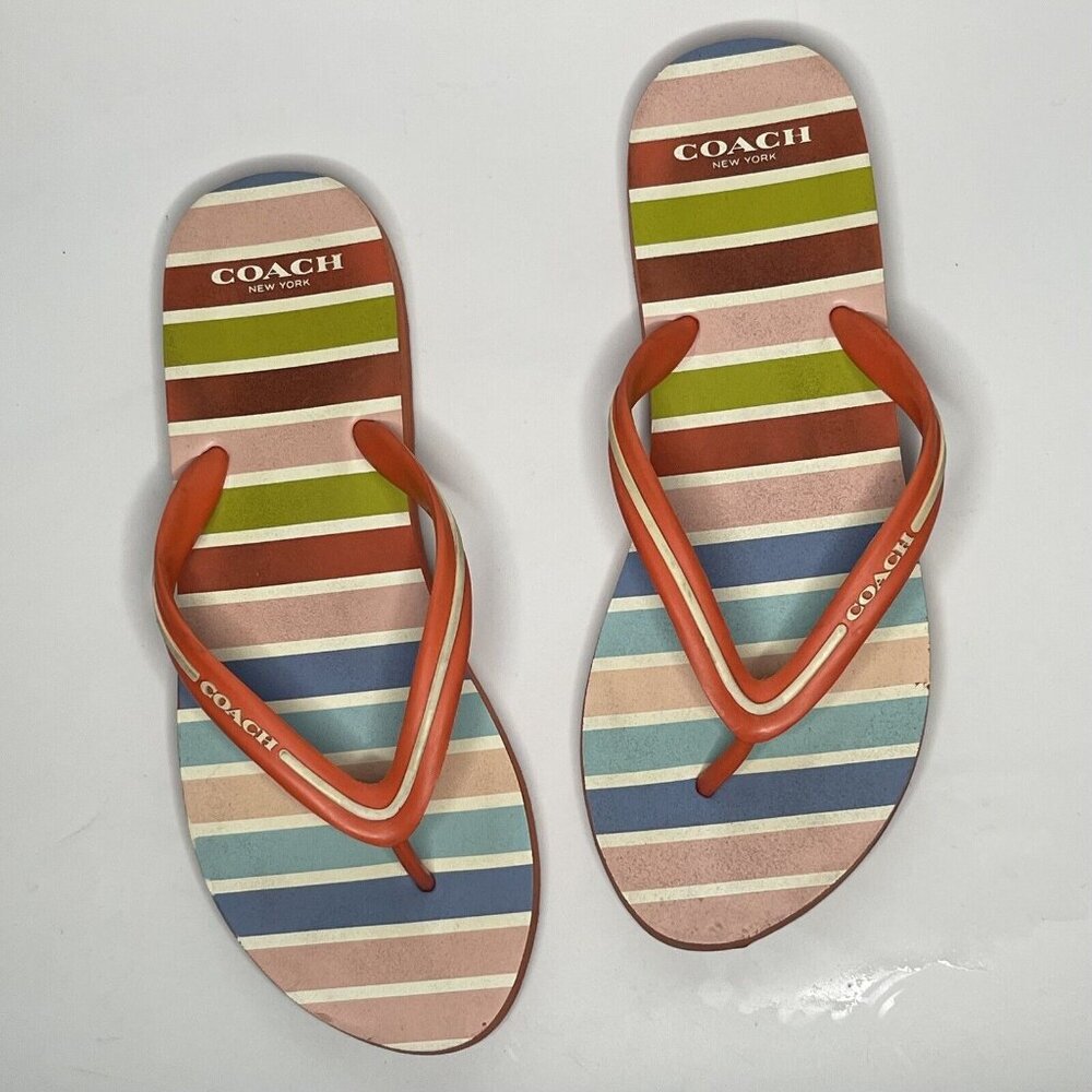 COACH Size 7/8 Flip Flops Sandals Striped Orange Multi color Shoes Beachy